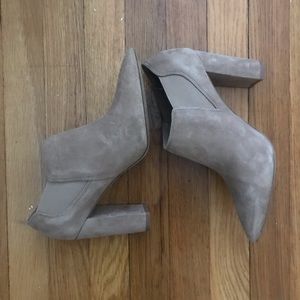 Tan pointed toe heeled booties